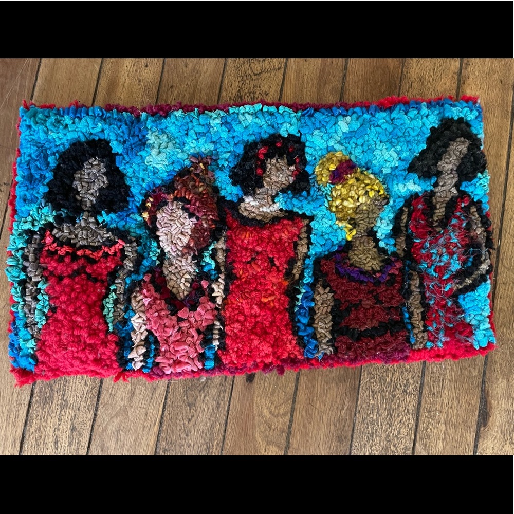 “Girlfriends”- Primitive hooked mat made with 100% wool strips